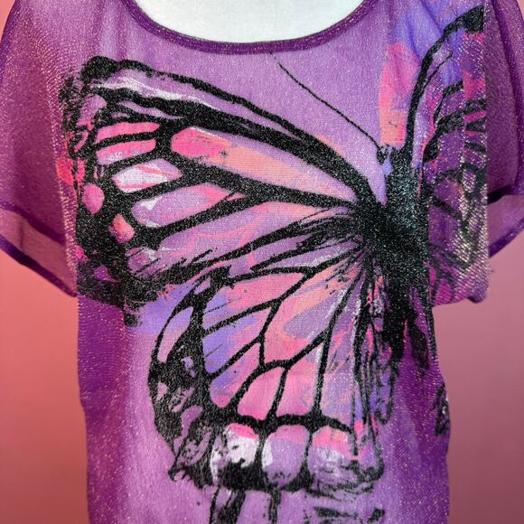 Y2K Bongo purple sheer mesh sparkle top with butterfly graphic🎀 - Picture 3 of 7